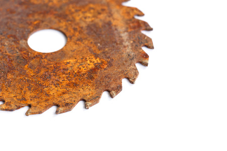 Close up old Circular saw blade for wood work on white backgroundの写真素材