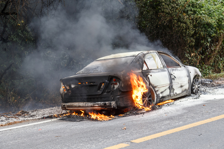 CHIANG MAI, THAILAND - JANUARY 1 : Car fire due to a gas explosion. While driving up to the hill. This makes all the damaged on car but driver is safe on January 1, 2015 in Chiang Mai, Thailand.のeditorial素材