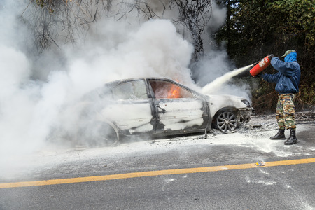 CHIANG MAI, THAILAND - JANUARY 1 : Car fire due to a gas explosion. While driving up to the hill. This makes all the damaged on car but driver is safe on January 1, 2015 in Chiang Mai, Thailand.のeditorial素材
