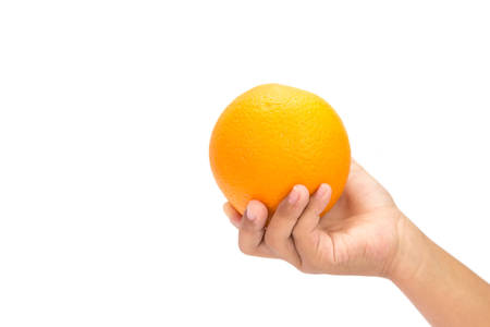 Hand holding orange isolated on white backgroundの写真素材