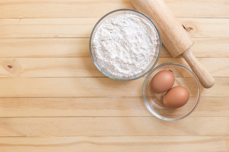 Close up Ingredients for baking cake on wooden deckの写真素材
