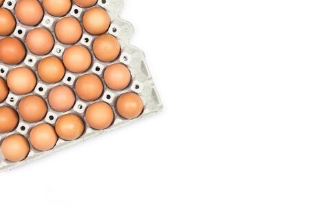 Eggs in paper tray isolated on white background