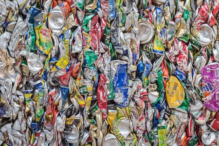 PHUKET, THAILAND - MARCH 3 : Crushed soda and beer cans at a recycling facility in Phuket on March 3, 2015. The cans will be shipped to an aluminum foundry.のeditorial素材