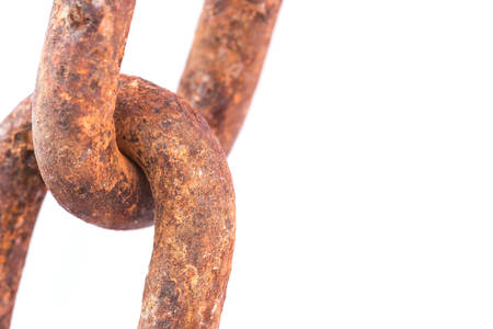 Macro Old and rusty chain isolated on white backgroundの写真素材