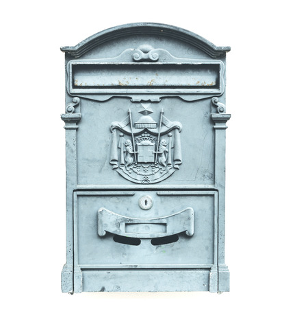 Vintage steel mailbox isolated on white backgroundの写真素材