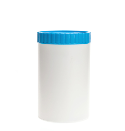 White plastic medicine bottle with blue cap isolated on white の写真素材