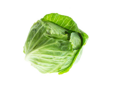 Close up green cabbage isolated on white backgroundの写真素材