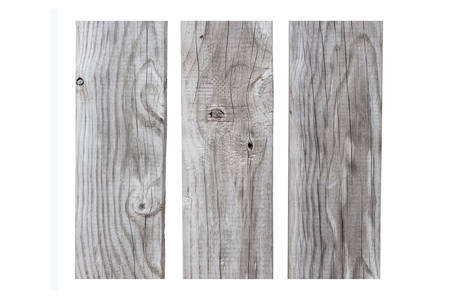 Close up old grey wooden plank isolated on white backgroundの写真素材