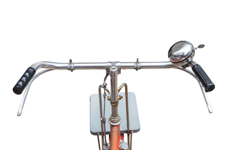 Fornt part of vintage bycicle. View from bikers eyes isolated on white backgroundの写真素材