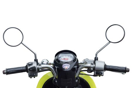 Front part of modern motorcycle view from rider, isolated on white backgroundの写真素材