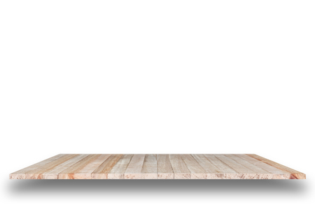 Empty top of wooden table or counter isolated on white background. For product displayの写真素材