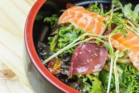 Close up traditional japanese food on wooden tableの写真素材