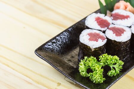 Close up traditional japanese food on wooden tableの写真素材