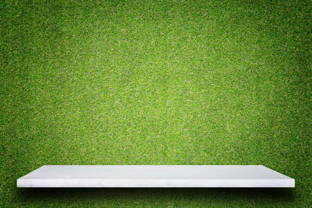 Empty top of natural stone shelves and green pattern wall background. For product displayの写真素材