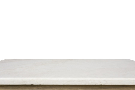 Empty top of white mable stone table isolated on white background. For product displayの写真素材