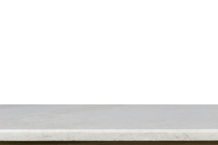 Empty top of white mable stone table isolated on white background. For product displayの写真素材