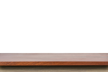Empty top of wooden table or counter isolated on white background. For product displayの写真素材
