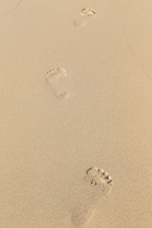 foot prints on sand at the beach in the afternoon, Phuket, Thailandの写真素材