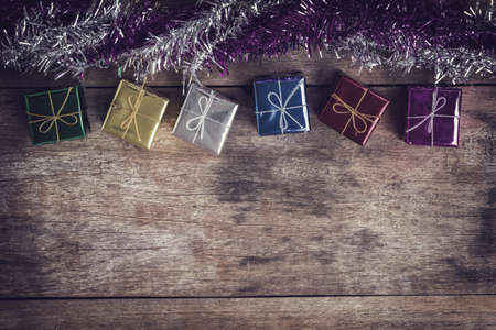 Close up christmas decoration on old wooden plankの写真素材