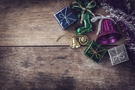 Close up christmas decoration on old wooden plank