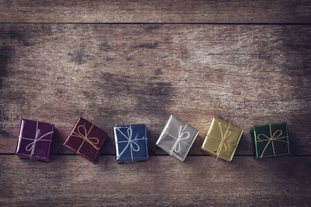 Close up christmas decoration on old wooden plankの写真素材