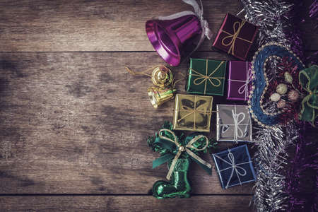 Close up christmas decoration on old wooden plankの写真素材