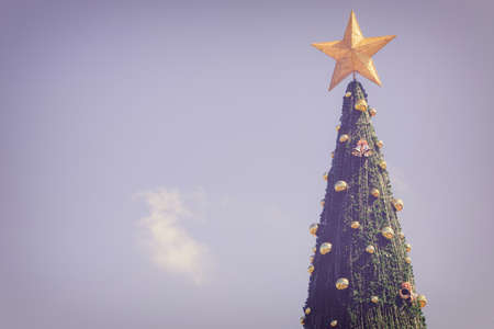 Big green christmas tree on blue sky backgroundの写真素材