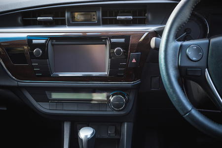 Detail of new modern car interior, Focus on stereo screenの写真素材