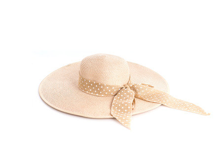 Close up vintage woman beach hat isolated on white backgroundの写真素材