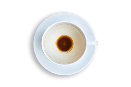 Top view empty coffee cup after drink isolated on white backgroundの写真素材