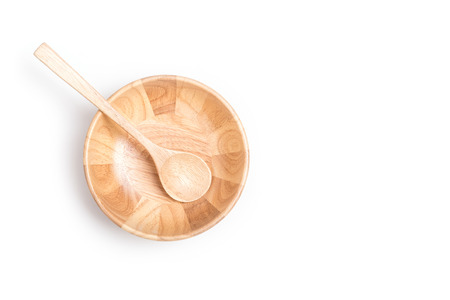 Close up empty wooden bowl isolated on white backgroundの写真素材