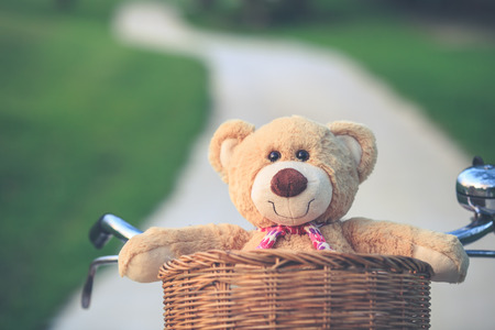Close up lovely brown teddy bear in rattan basket on vintage bike in green field with lens flare. Warm toning effect. Retro and vintage styleの写真素材