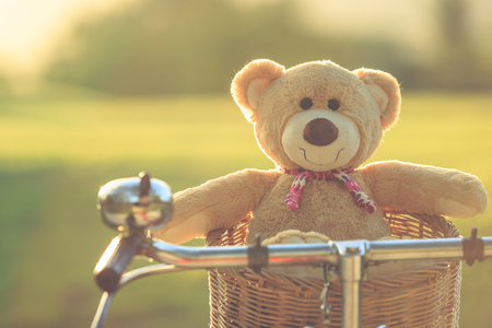 Close up lovely brown teddy bear in rattan basket on vintage bike in green field with lens flare. Warm toning effect. Retro and vintage styleの写真素材