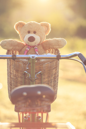 Close up lovely brown teddy bear in rattan basket on vintage bike in green field with lens flare. Warm toning effect. Retro and vintage styleの写真素材