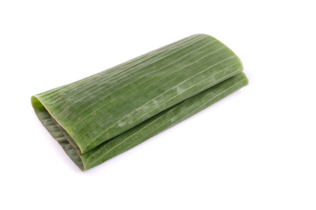 Fresh green banana leaf isolated on white backgroundの写真素材