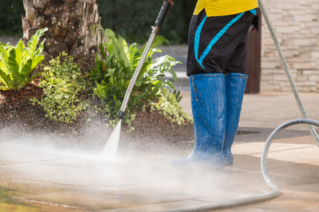 Outdoor floor cleaning with high pressure water jetの写真素材