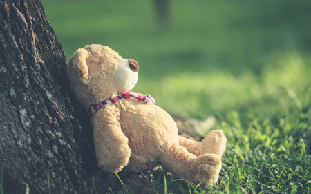 Close up lovely brown teddy bear sitting on grass field with lens flare. Warm toning effect. Retro and vintage styleの写真素材