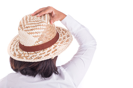 Close up Thai women wear handmade hat isolated on white backgroundの写真素材