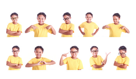 Set portrait of young Asian girl wearing yellow t-shirt isolated on white background