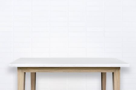 Empty top of natural stone table and stone wall background. For product display