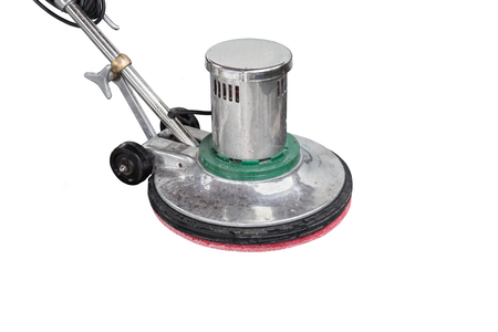 Exterior black stone floor cleaning with polishing machine and chemical. Isolated on white background.の写真素材