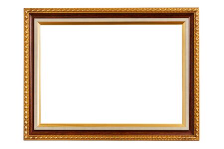 Gold vintage wooden photo frame isolated on white background.の写真素材
