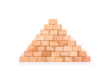 Stack of wooden block tower game children isolated on white backgroundの写真素材