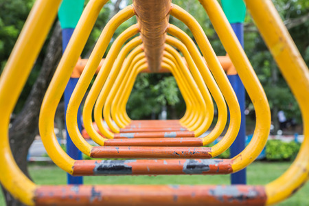 Steel bar for trapeze. Outdoor exercise equipment at public parkの写真素材