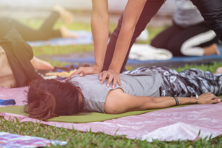 Group of asian woman doing yoga or exercise in the park
