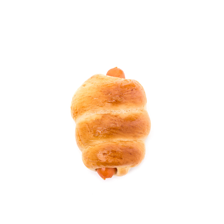 Bread with Sausage. Studio shot isolated on white backgroundの写真素材