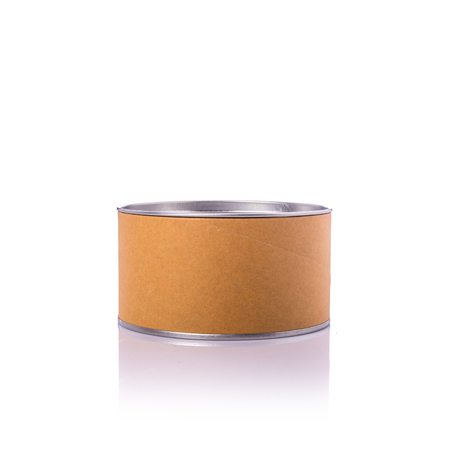 New brown round paper box with silver cap. Studio shot isolated on white backgroundの写真素材