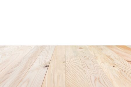 Empty top of wooden table or counter isolated on white background. Saved with clipping pathの写真素材