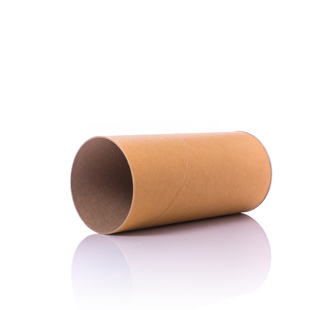 New brown round paper box with silver cap. Studio shot isolated on white backgroundの写真素材