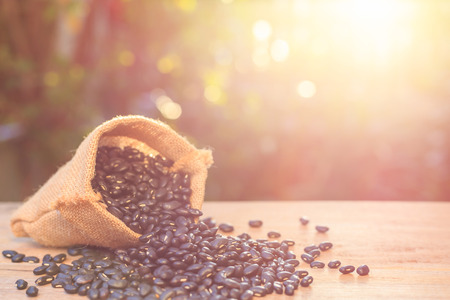 Close up black bean in small brown sack on wooden table. Outdoor shooting with sunlight and green blur bokeh and lens flare effect backgroundの写真素材